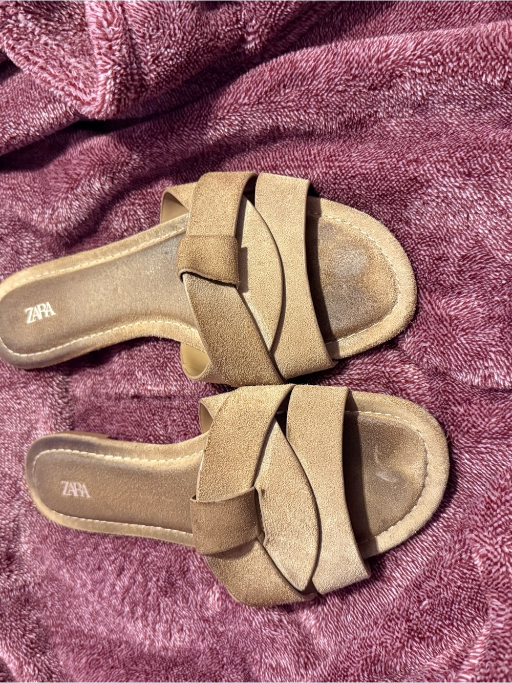 ZARA Tan Suede Twisted Strap Slide Mules
